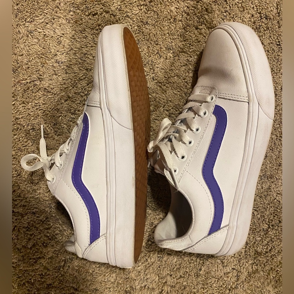 Vans White Leather Shoes with Purple Accents- Size 10